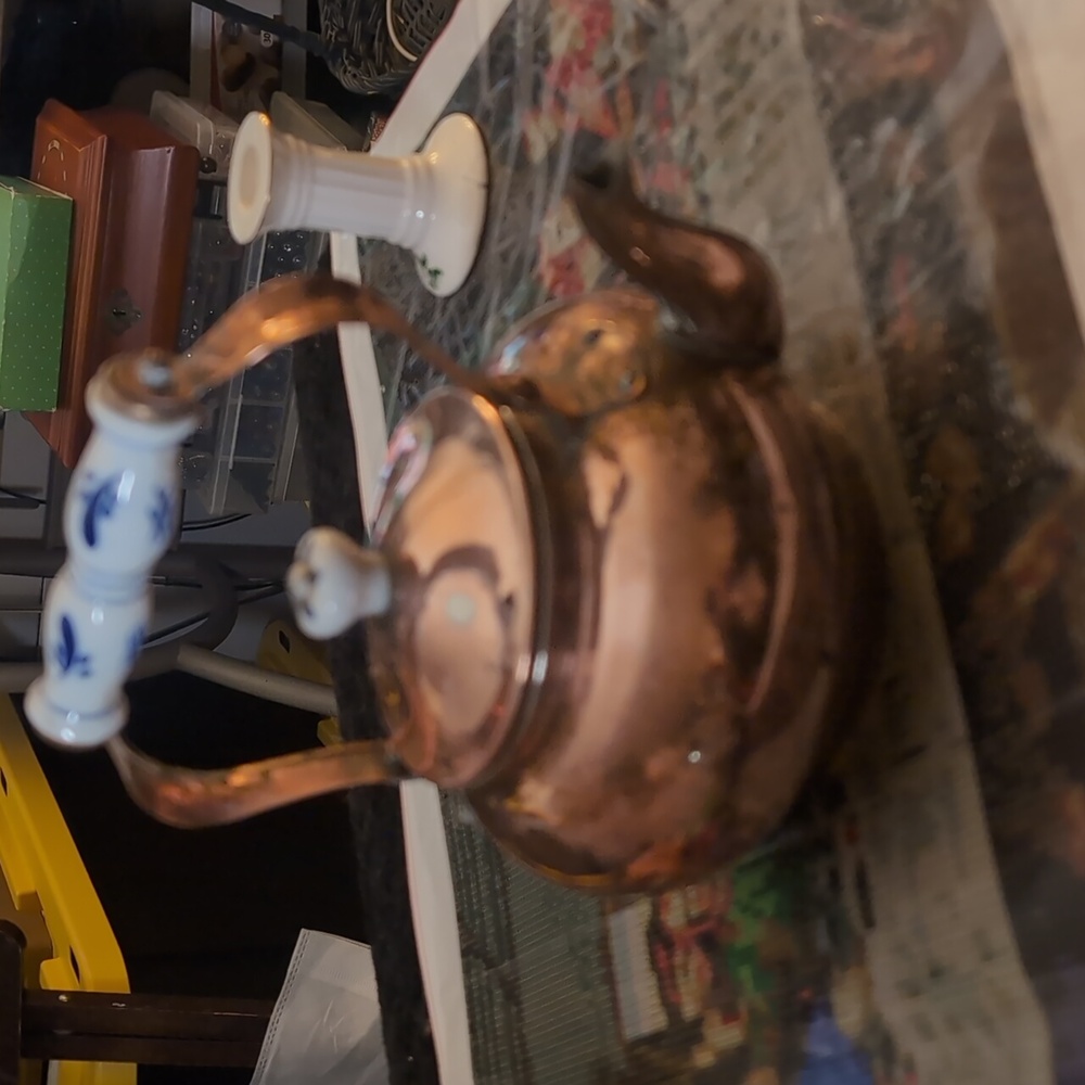 AVAILABLE -VTG RARE copper & Hand painted porcelain Delft Blue Kettle. 7.5" Tall